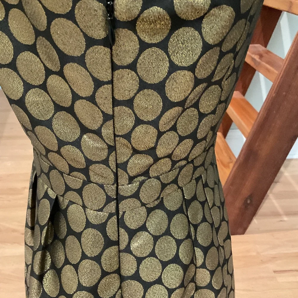 J Crew Factory Size 4 Dress Gold Black Metallic Dot Jacquard V Neck Dress - Picture 3 of 6